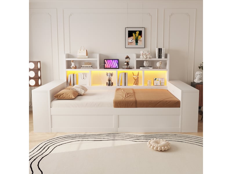 Lit banquette 1 place 90 x 200 cm en bois blanc, coffre hydraulique, rangements intégrés au dossier et aux accoudoirs, prise électrique, éclairage led - Conforama C