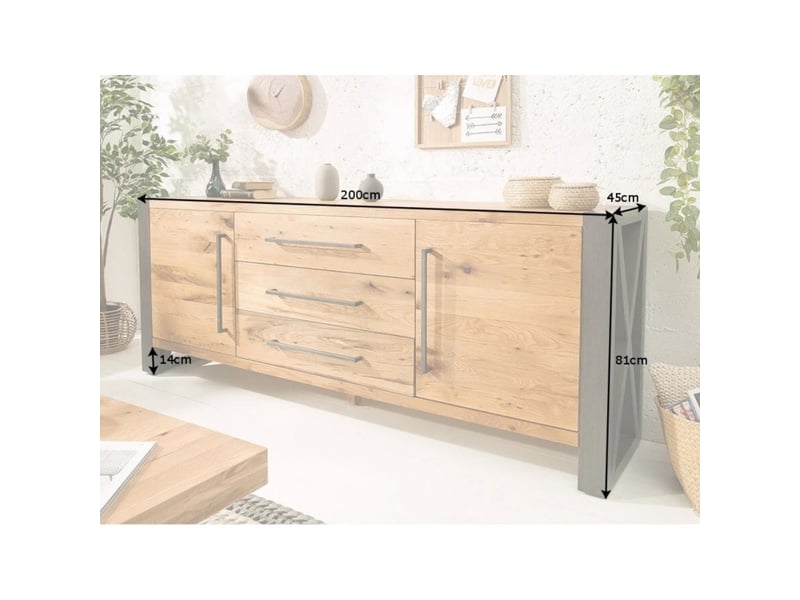  Buffet cavara 200 cm en chêne massif et métal noir – 2 portes, 3 tiroirs et grands rangements  - Conforama C