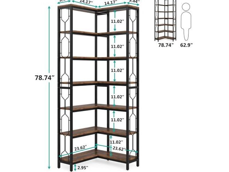  Bibliothèque d'angle 200 cm noire et marron en bois d'ingénierie, 7 niveaux pour rangement et exposition  - Conforama C