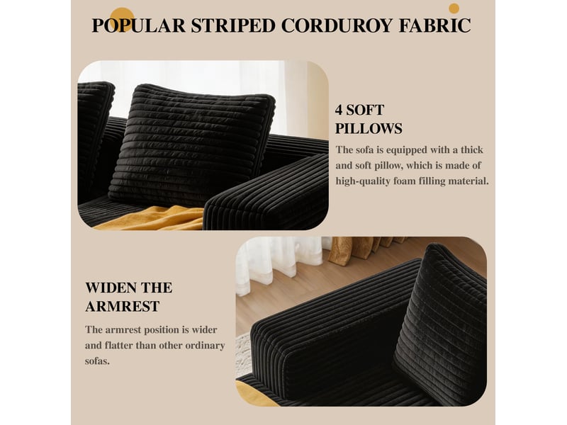 Canapé d'angle tcqpz modulable 4 places avec méridienne 261 x 168 x 58 cm velours côtelé noir - Conforama D