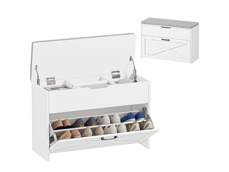  Banc à chaussures avec tiroir pliable et rangement, capacité de 6 paires de chaussures, 80 x 30 x 55 cm, blanc  - Conforama A