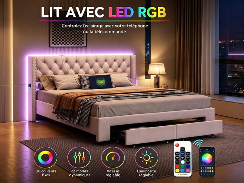  Lit coffre 140x190 cm ezssw, coloris beige  - Conforama D