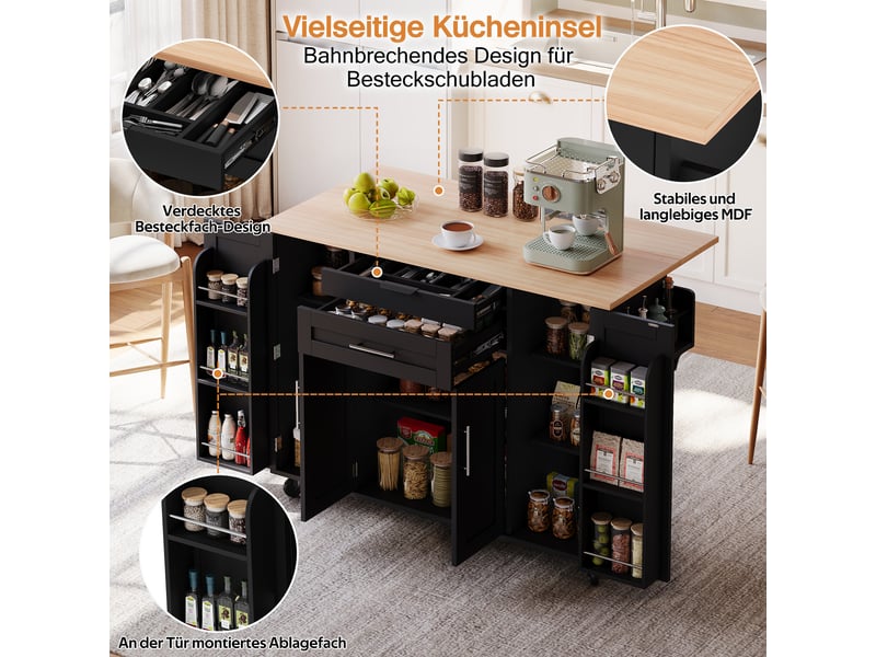 Îlot de cuisine mobile - 120×45 cm - extensible jusqu'à 70 cm - tiroir à couverts caché - étagères réglables 136x70x92cm - Conforama E