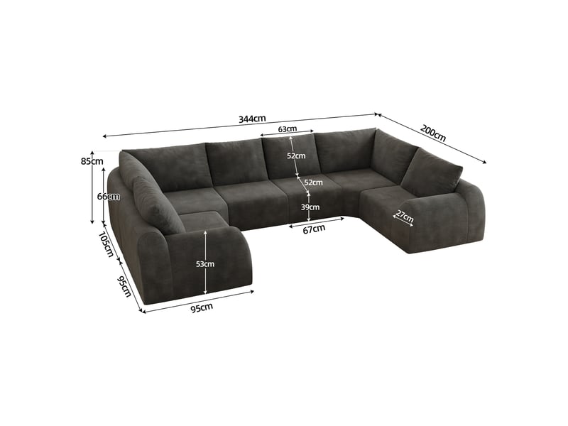  Canapé compressé en forme de u, 344x200x85 cm, 6 places, mousse haute élasticité, sans montage, tissu chenille, gris foncé  - Conforama C