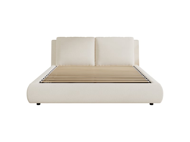  Lit double capitonné, rangement hydraulique, avec sommier et tête de lit, tête de lit capitonnée, tissu bouclé, beige - 160 × 200 cm  - Conforama R