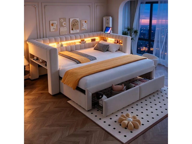 Lit gigogne 90x190 cm - banquette convertible 2 places 180x190 cm - 2 tiroirs, led, usb & type-c - beige - Conforama W