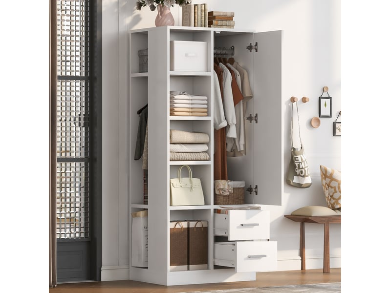  Armoire 1 porte 70 x 50 x 170 cm, blanc, étagères, 2 tringles et 2 tiroirs  - Conforama B