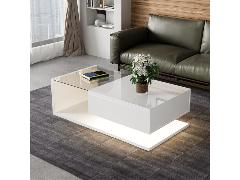  Table basse blanche brillante avec niche en verre trempé et éclairage led réglable pour salon, 105×55×32,5 cm  - Conforama B