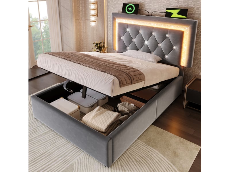  Lit coffre simple 90x200cm design moderne tête à led bande diamant charge usb type-c velours gris sans matelas  - Conforama R