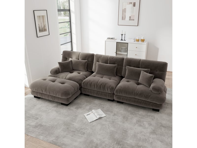 Canapé d'angle modulaire avec ottoman et coussins lombaires, style vintage, en chenille marron - Conforama B