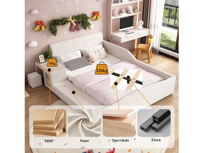  Lit enfant 140x200 cm, avec bureau et tabouret, rangements, tête de lit velours, lattes en bois, blanc, sans matelas  - Conforama E
