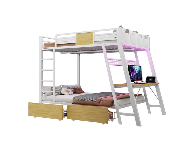  Lit superposé 140×200 cm – avec prise électrique – ports usb et type-c inclus – bandeau led inclus – blanc (matelas non inclus)  - Conforama A