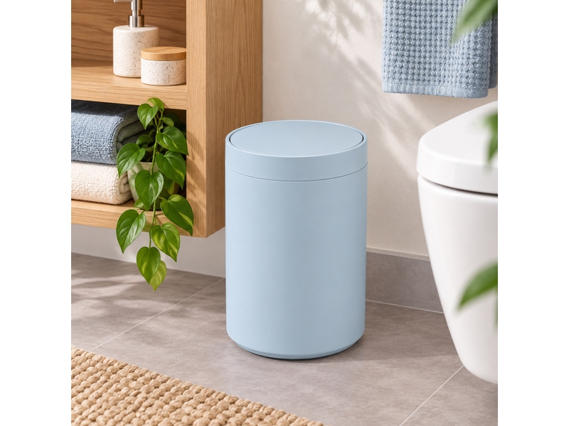  Poubelle ronde de salle de bain à couvercle basculant en polypropylène finition mate, capacité 5l,coloris bleu - longueur 18 x profondeur 18 x hauteur 27 cm  - Conforama B
