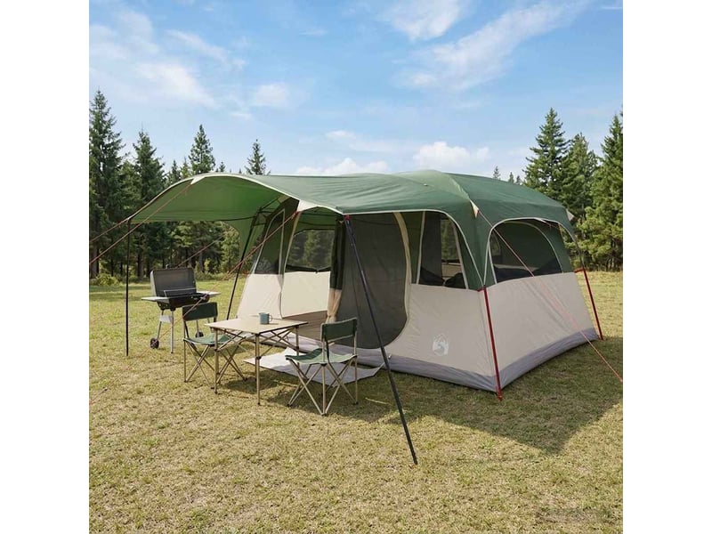 Tente tunnel, tente de camping 12 personne vert polyester et acier - Conforama B