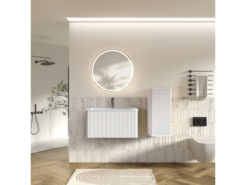 Meuble sous vasque suspendu avec miroir led et colonne, rangement pour salle de bain en mdf blanc - Conforama B
