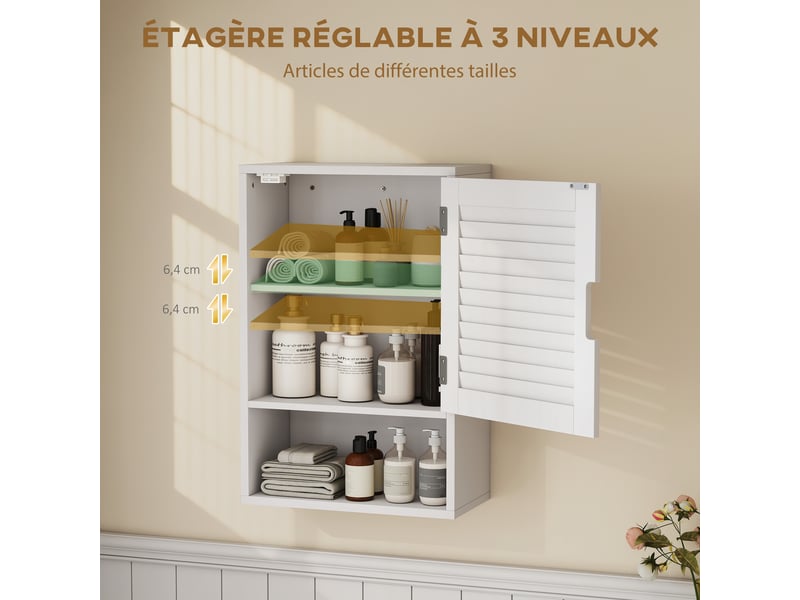  Armoire murale salle de bain blanche 40 x 20 x 60 cm, porte à persiennes et compartiment ouvert  - Conforama W