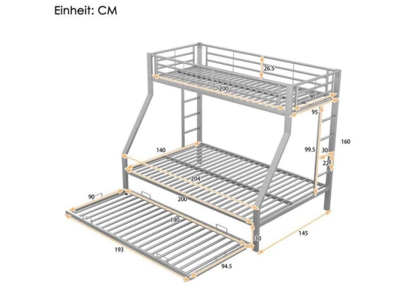  Lit superposé 3 etage 3 etage 90x200 cm lit métallique a rallonge, lit double enfant avec échelle des deux côtés pour enfants, adolescents ,  - Conforama C