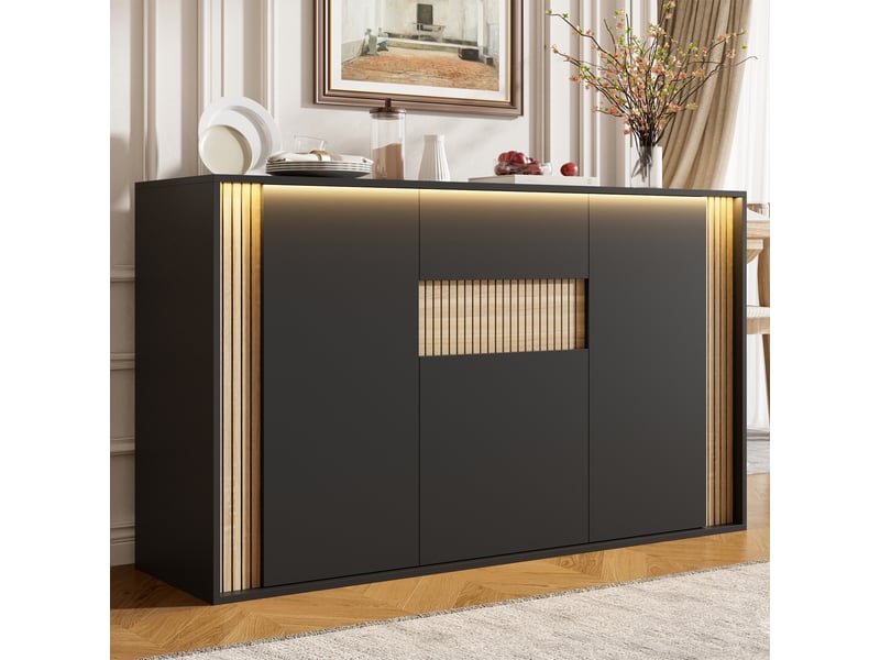  Buffet noir et bois naturel 140x40x82 cm, meuble de rangement 3 portes 1 tiroir avec led  - Conforama B