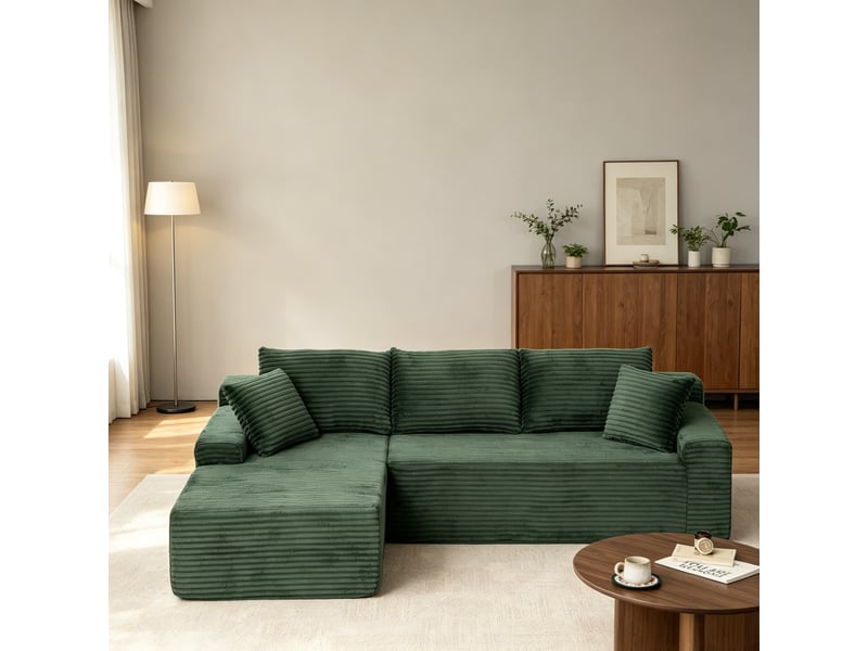  Canapé d’angle en l, velours côtelé, ensemble bas luxueux, mousse, gauche, chambresalon, 79x239x156 cm, vert  - Conforama D