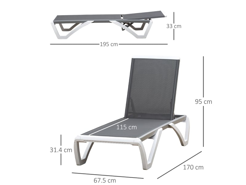  Transat avec dossier inclinable et roulettes arrière, 195 x 67,5 x 33 cm, gris et blanc  - Conforama D