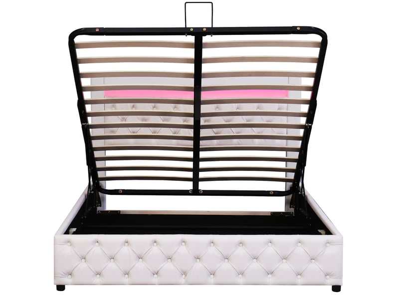  Lit coffre 140x200cm avec espace de rangement, éclairage led, sans matelas, design moderne, pu, couleur blanc  - Conforama D