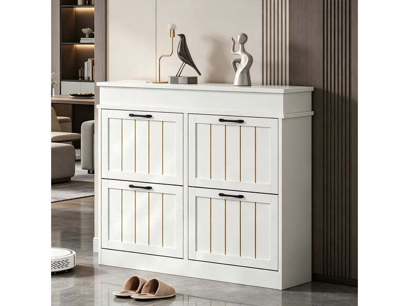  Meuble à chaussures blanc en mdf, rangement gain de place à 4 portes abattantes et 8 compartiments pour entrée, 105 x 24 x 83 cm  - Conforama E