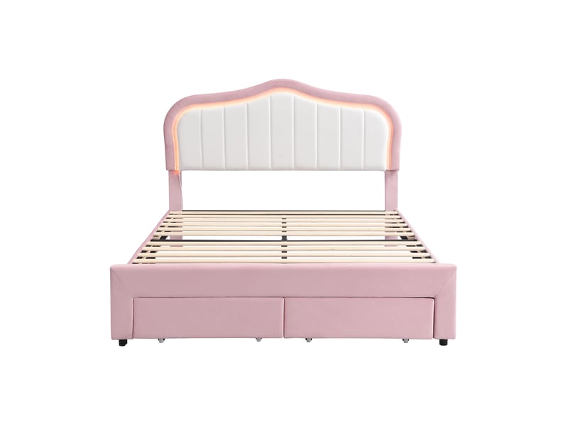  Lit enfant rembourré 140x200 cm rose avec 2 tiroirs, dossier blanc et led app  - Conforama A