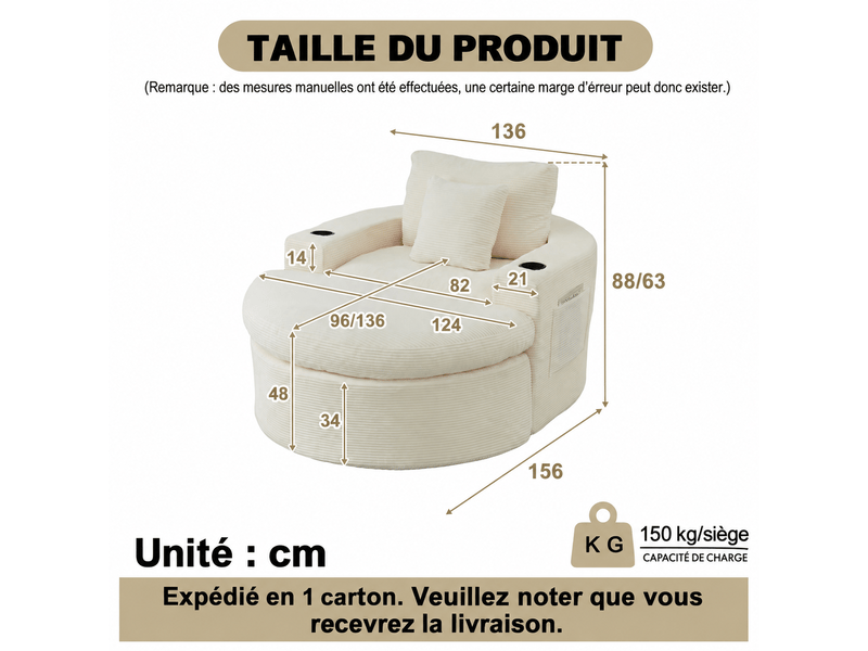 Fauteuil rond extra large en velours côtelé beige avec pouf mobile, porte-gobelets et rangement latéral 156 x 136 x 88 cm 156X136X88cm - Conforama C
