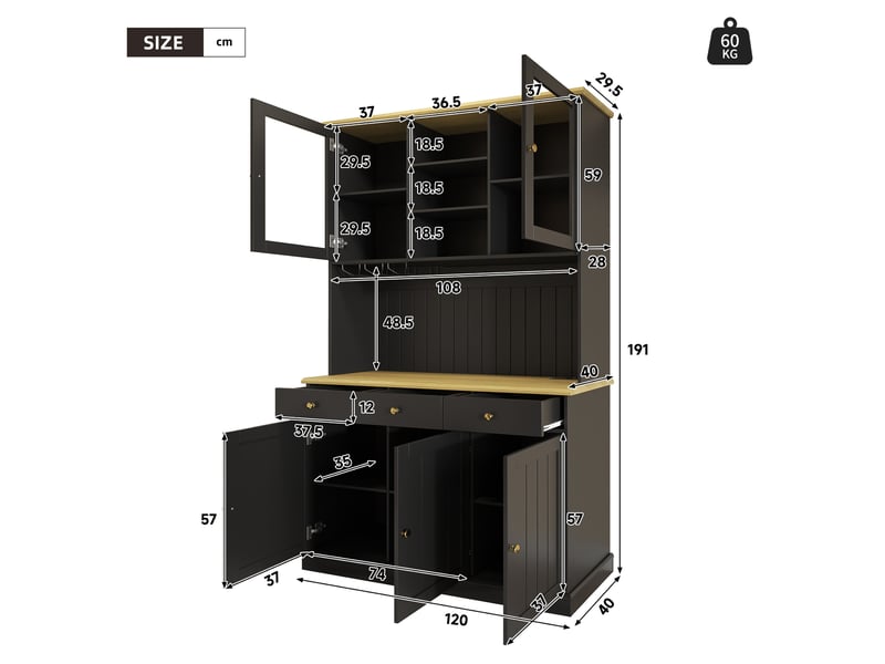 Buffet haut avec vitrines, tiroir, porte-verres et prises, ports usb pour salle à manger et cuisine, noir, 120 × 40 × 191 cm - Conforama D