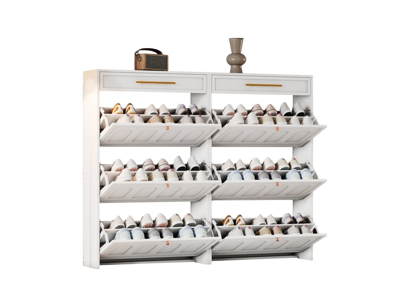  Ensemble meuble à chaussures moderne blanc avec 12 compartiments, 2 tiroirs, mdf, rangement polyvalent  - Conforama D