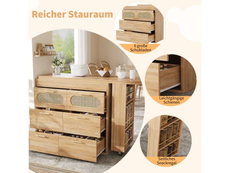 Table de bar 6 tiroirs + portes en rotin pe, table haute pivotante 360° avec sécurité anti-basculement grand rangement - Conforama E