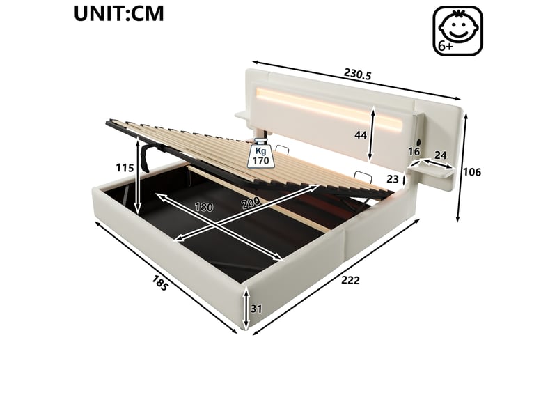  Lit coffre 180x200 cm en tissu lin avec rangement hydraulique, tête de lit led, table de chevet intégrée et port usb - beige  - Conforama C