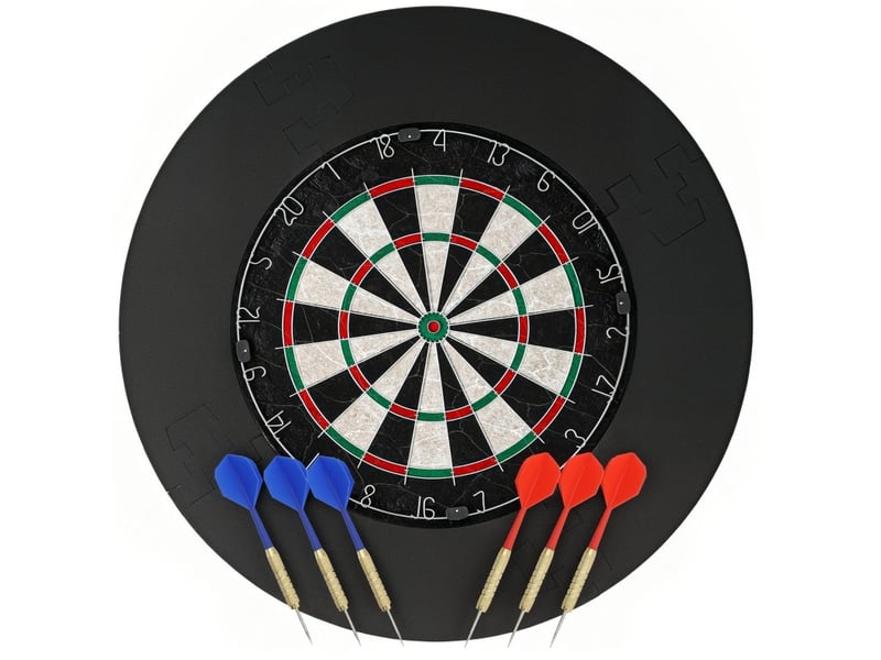 Jeu de fléchettes, cible sisal 71,5 x 71,5 x 3,8 cm noire, anneau de protection et 6 fléchettes - Conforama A