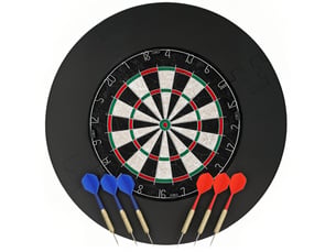 Jeu de fléchettes, cible sisal 71,5 x 71,5 x 3,8 cm noire, anneau de protection et 6 fléchettes