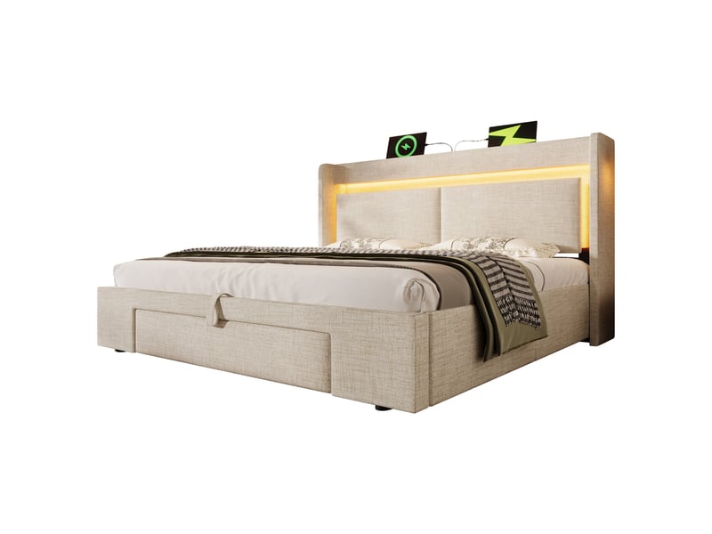 Lit capitonné, lit double 160x200 cm, rangement hydraulique, tête de lit avec rangement, led, usbusb-c, matelas inclus, lin beige - Conforama B