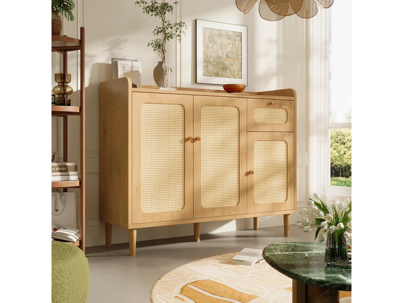  Buffet bas 120x40x91 cm 3 portes 1 tiroir avec cannage mdf coloris chêne  - Conforama B