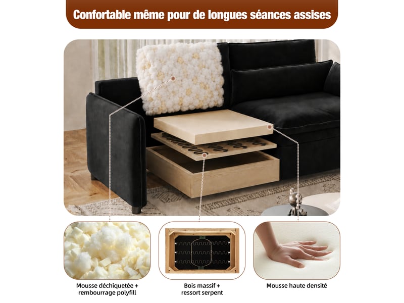  Canapé convertible 3 places noir en chenille avec rangement, 206 cm Fay Lum - Conforama W