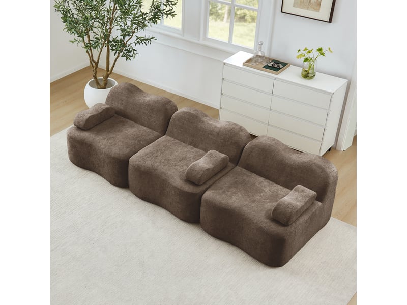 Canapé modulaire 3 places en velours marron, forme ondulée et assise profonde - Conforama D