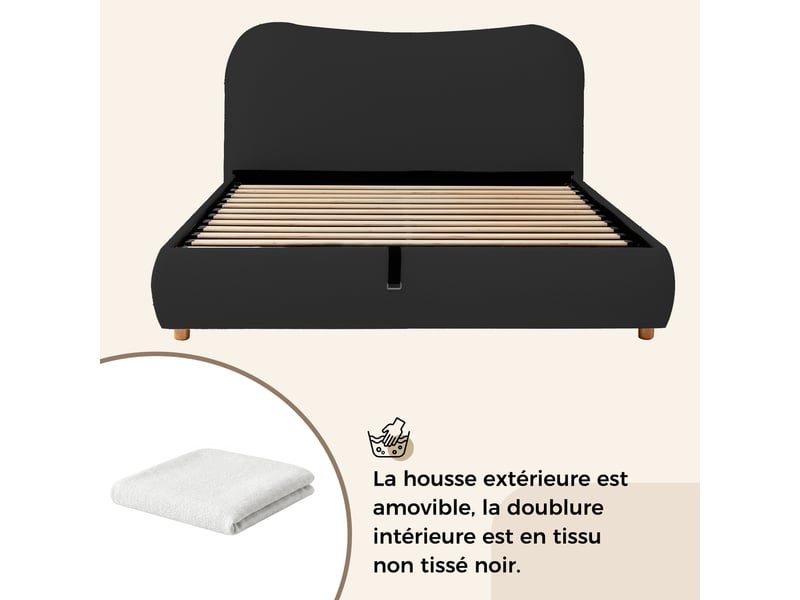 Lit coffre, lit rembourré 180x200 cm blanc en bouclé tête de lit - Conforama E
