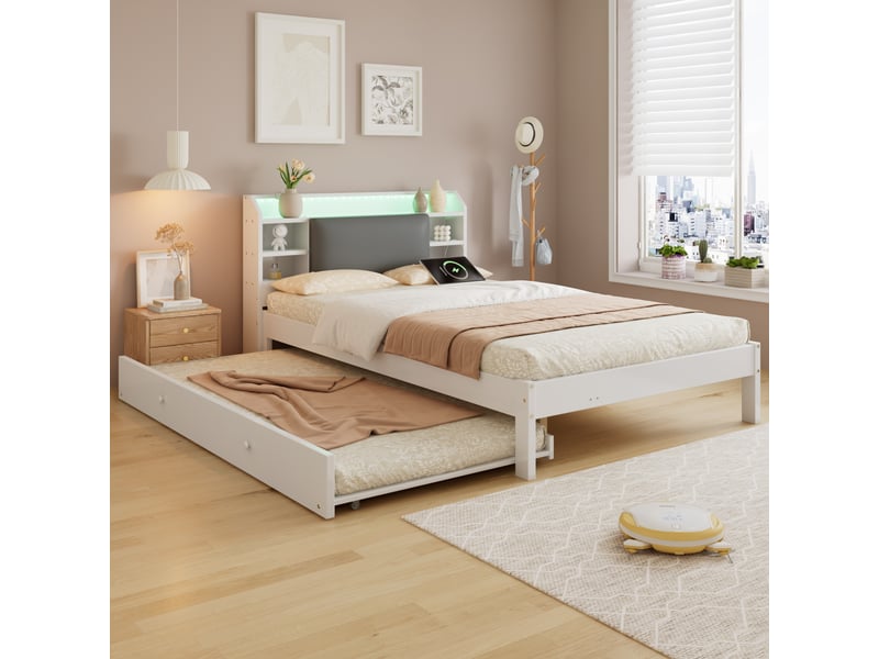  Lit gigogne 120x200 cm, lit enfant, couchage gigogne extensible, étagères, led, tête de lit rembourrée, bois blanc  - Conforama D