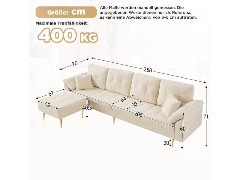 Canapé d'angle 4 places avec pouf modulable à gauche ou à droite, pieds en fer 20 cm, velours côtelé beige clair - Conforama C
