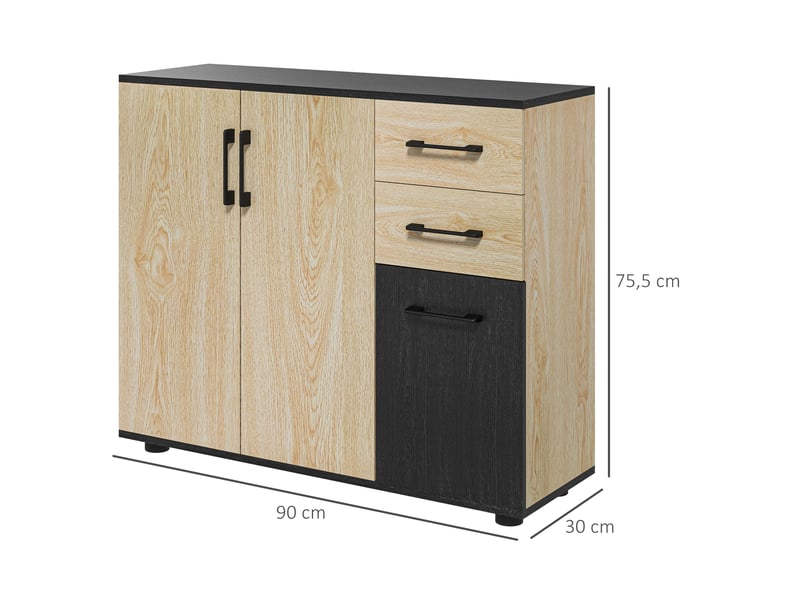  Meuble buffet de rangement cuisine 2 placards étagère réglable 2 tiroirs 90 x 30 x 75,5 cm naturel noir  - Conforama C