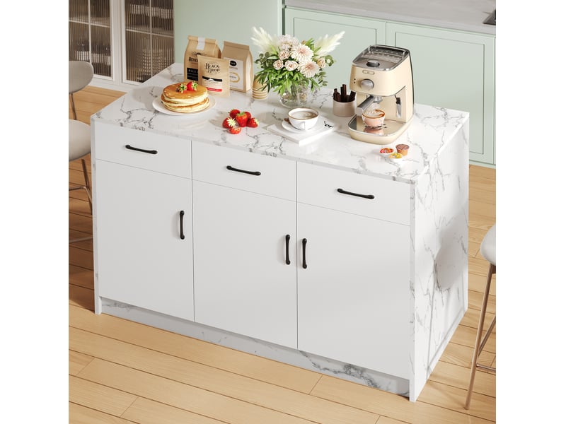  Îlot de cuisine fixe 120 x 60 x 90,5 cm, 3 tiroirs, 3 portes, blanc effet marbre  - Conforama D