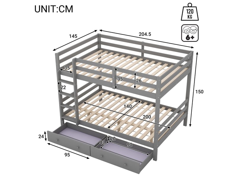  Lit superposé 140 x 200 cm avec tiroirs de rangement, en pin et mdf gris, pour chambre enfant, sans matelas  - Conforama C