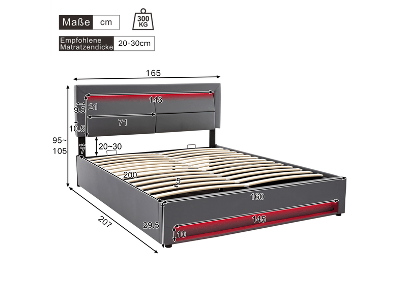  Lit coffre rembourré 160x200 cm gris en pu avec led, recharge usb et rangement  - Conforama C