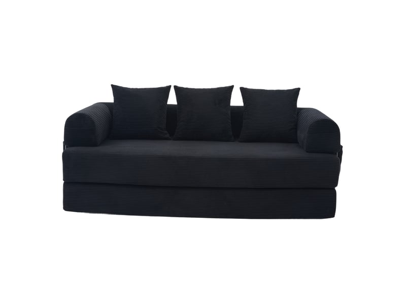  Canapé droit modulable 3 places en velours côtelé noir avec 3 coussins et poche latérale pour le salon  - Conforama A