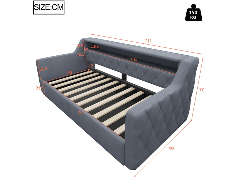  Lit de jour 90x200 cm, mdf, gris, équipé de ports usb et usb-c, de rangement hydraulique et de bande led, sans matelas  - Conforama C