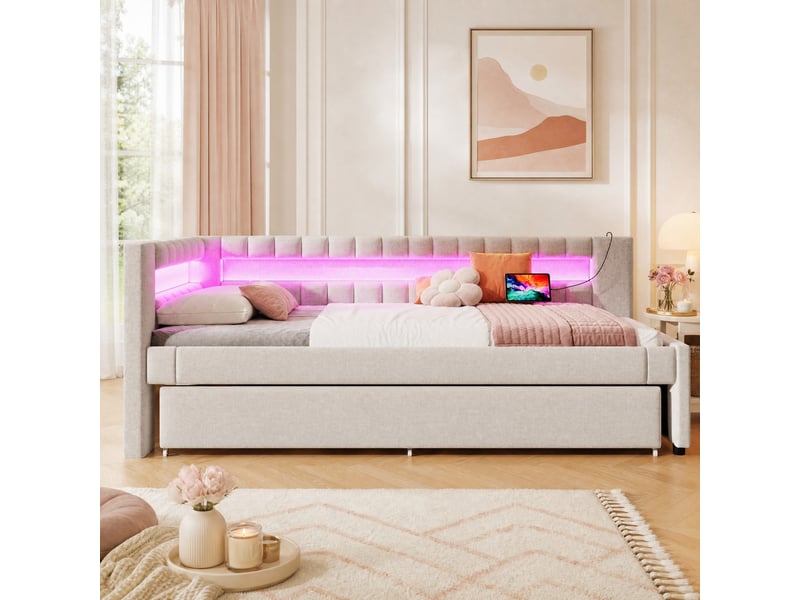  Lit de jour tcqpz 90 x 200 cm avec lit gigogne led usb type-c lin beige  - Conforama B