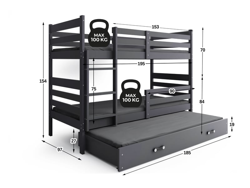  Lit superposé 3 places eric 90x190 cm + lit tiroir 80x180 cm interbeds - bois massif de pin - gris  - Conforama C