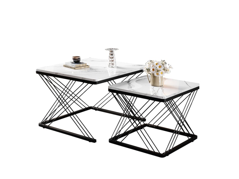  Table basse 2 pièces carrée 60x60x45+45x45x40cm effet marbre(matériau non marbré)pieds réglables mdf noir et blanc  - Conforama E